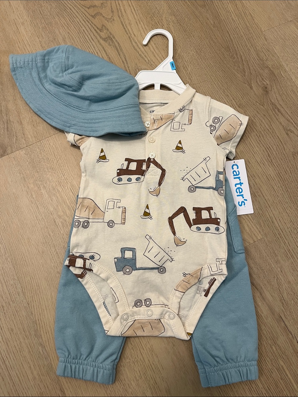Carter's 3pc Set Construction Truck Print Onesie with Blue pants and Bucket Hat
